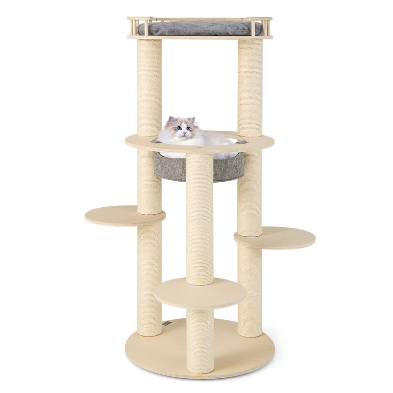 5-Level Wooden Cat Tree for Indoor Cats with Padded Perch & Non-Woven Hammock