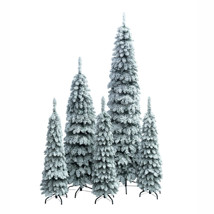 Whisen 8FT, 6FT, 4FT x 3 Pre-Lit Pencil Christmas Trees, 5-set Slim Artificial Christmas Tree With Snow Flocking, Xmas Holiday Decoration Tree, 1820 Branch Tips, 350 LED Lights