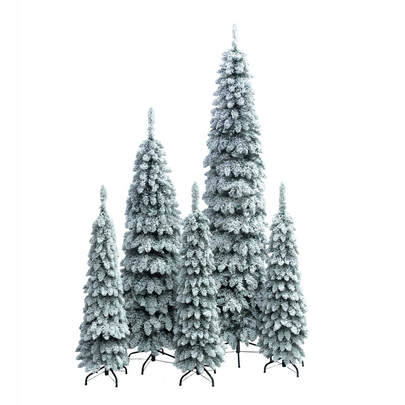 Whisen 8FT, 6FT, 4FT x 3 Pre-Lit Pencil Christmas Trees, 5-set Slim Artificial Christmas Tree With Snow Flocking, Xmas Holiday Decoration Tree, 1820 Branch Tips, 350 LED Lights image number 0