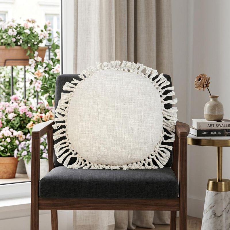 HomeRoots 18" X 18" White Round Cotton Throw Pillow with Fringe image number 1