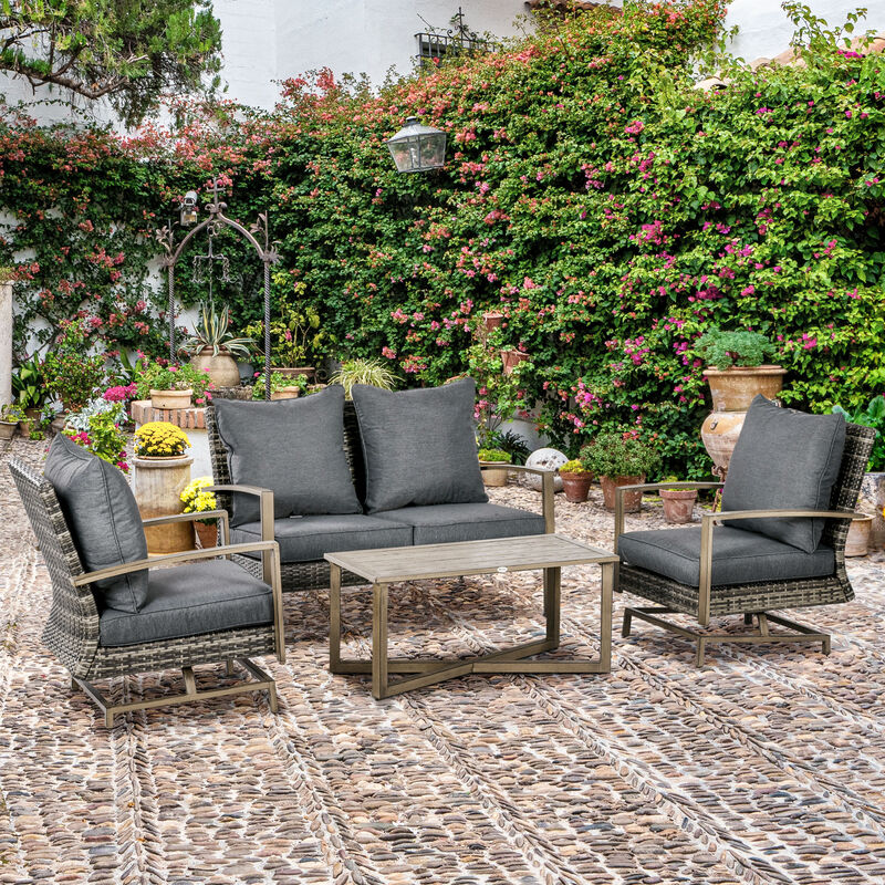 Outsunny 4 Piece Wicker Patio Furniture Set with 2 Rocking Chairs, Loveseat Sofa, Outdoor PE Rattan Conversation Set with Cushions, Aluminum Table for Porch, Poolside, Dark Gray