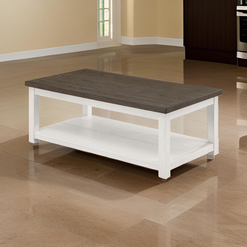 Mon 48 Inch Rectangular Coffee Table, Bottom Shelf, Brown Top, White Frame