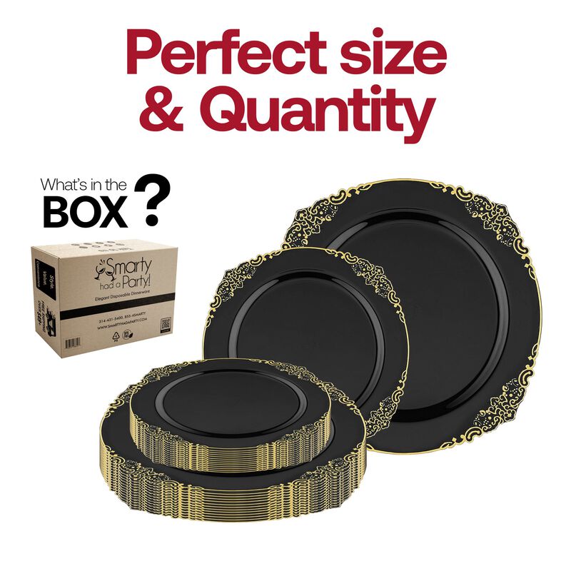 Black with Gold Fancy Round Plastic Dinnerware Value Set (60 Sets) image number 4