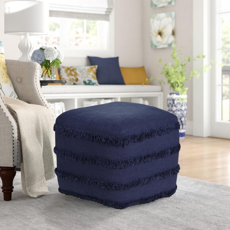 Hivvago 18 Inch Blue Cotton Striped Pouf Ottoman