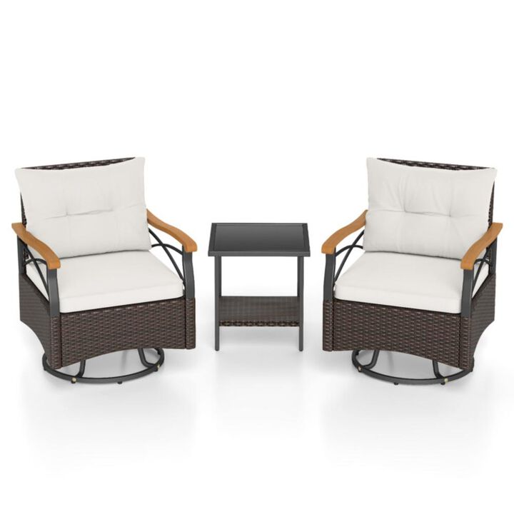 Hivvago 3 Piece Outdoor Swivel Chair Set with Tempered Glass Side Table