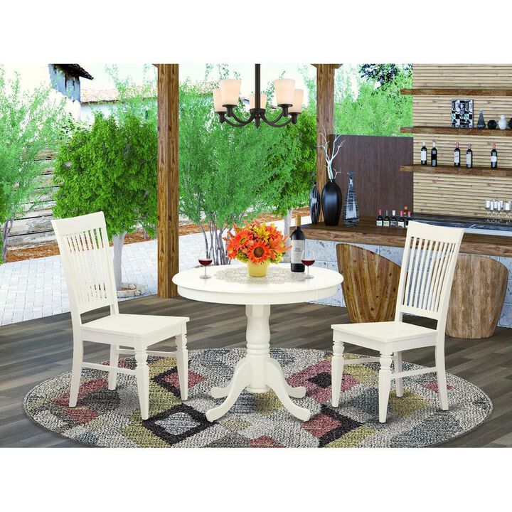3 Pc set with a Table and 2 Wood Dinette Chairs in Linen White.