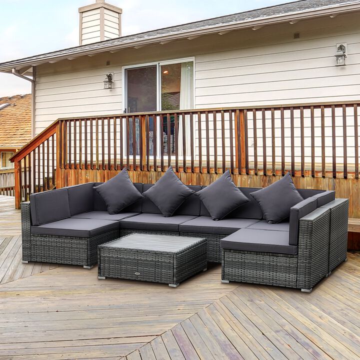 Grey Outdoor Oasis: 7PC PE Rattan Sectional Sofa Set