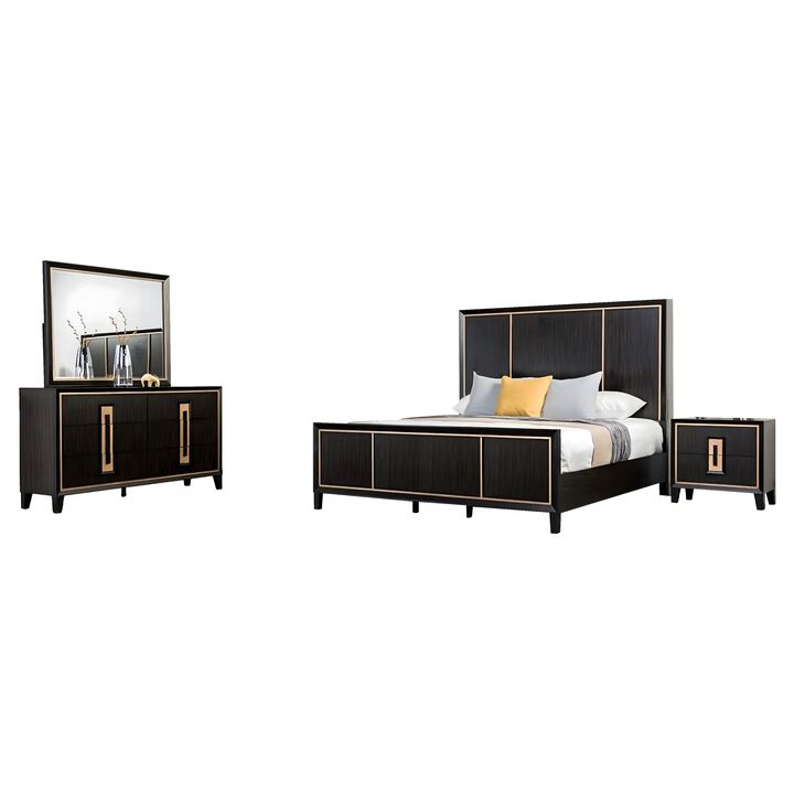 Yada 4pc Queen Bedroom Set w Dresser Mirror, Espresso Brown with Gold Trim
