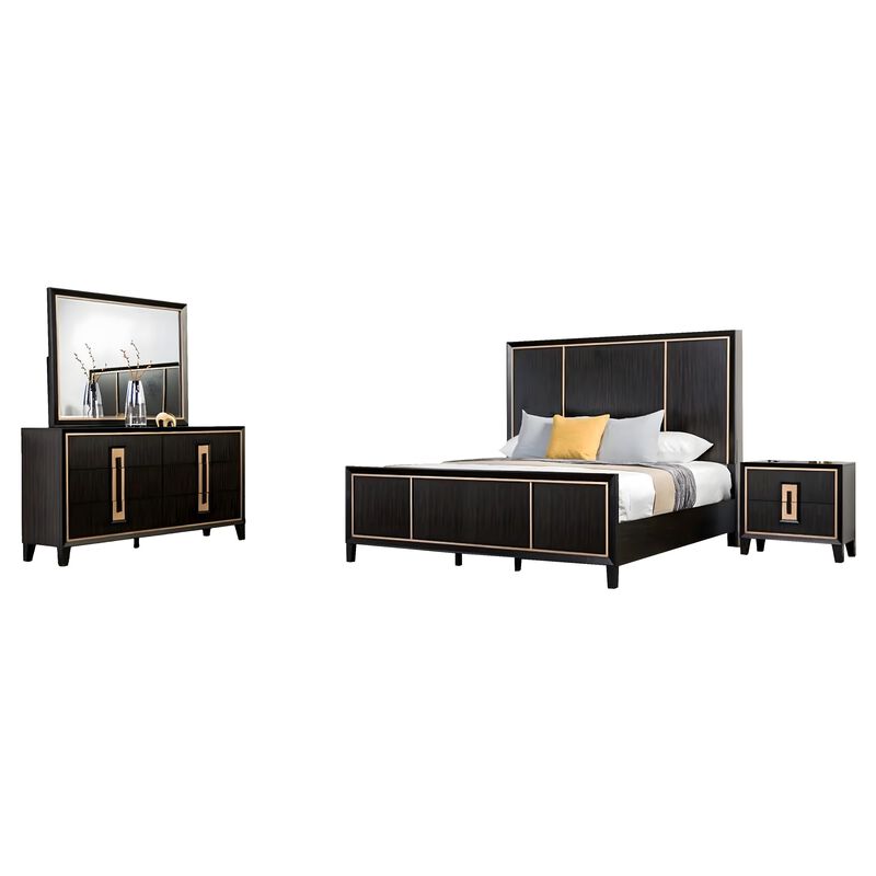 Yada 4pc Queen Bedroom Set w Dresser Mirror, Espresso Brown with Gold Trim image number 0