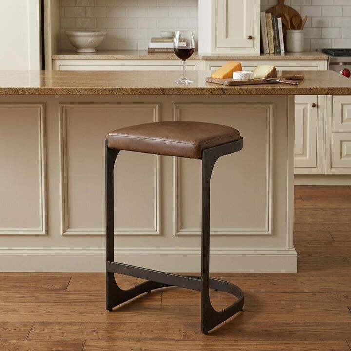 HomeRoots 29" Black Leather and Metal Backless Bar Chair