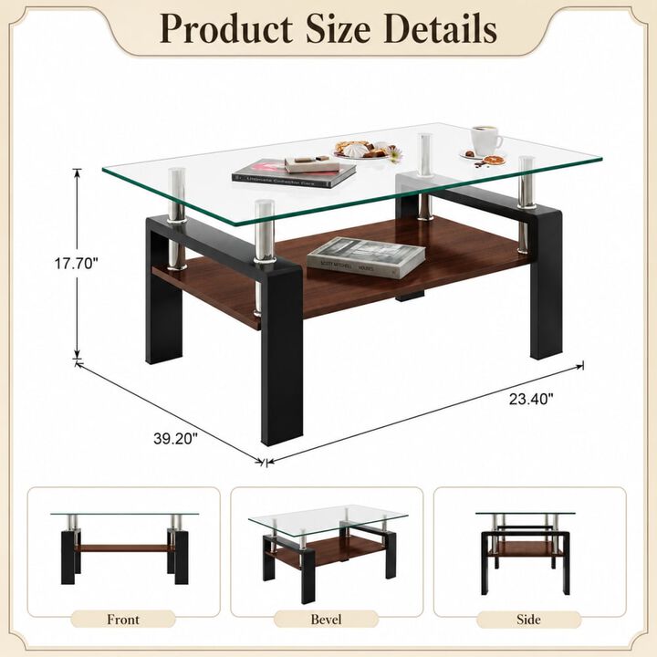 GOODSILO Modern Rectangular Coffee Table with Tempered Glass Top, Storage Shelf and Durable Metal Legs for Living Rooms