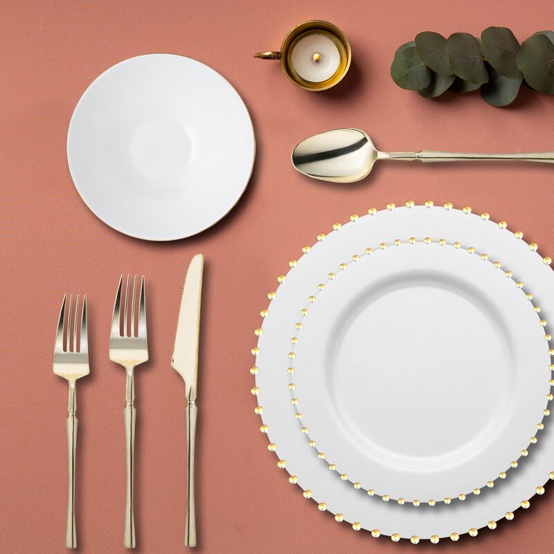 White with Gold Pearl String Round Plastic Tableware Set (120 Sets) image number 8