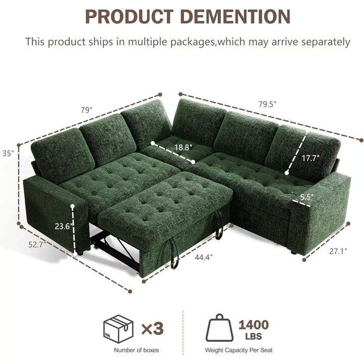 Vipbear 79" 5-Seat L-Shaped Sectional Sleeper Sofa Bed, Chenille Pull-Out Couch with Backrest