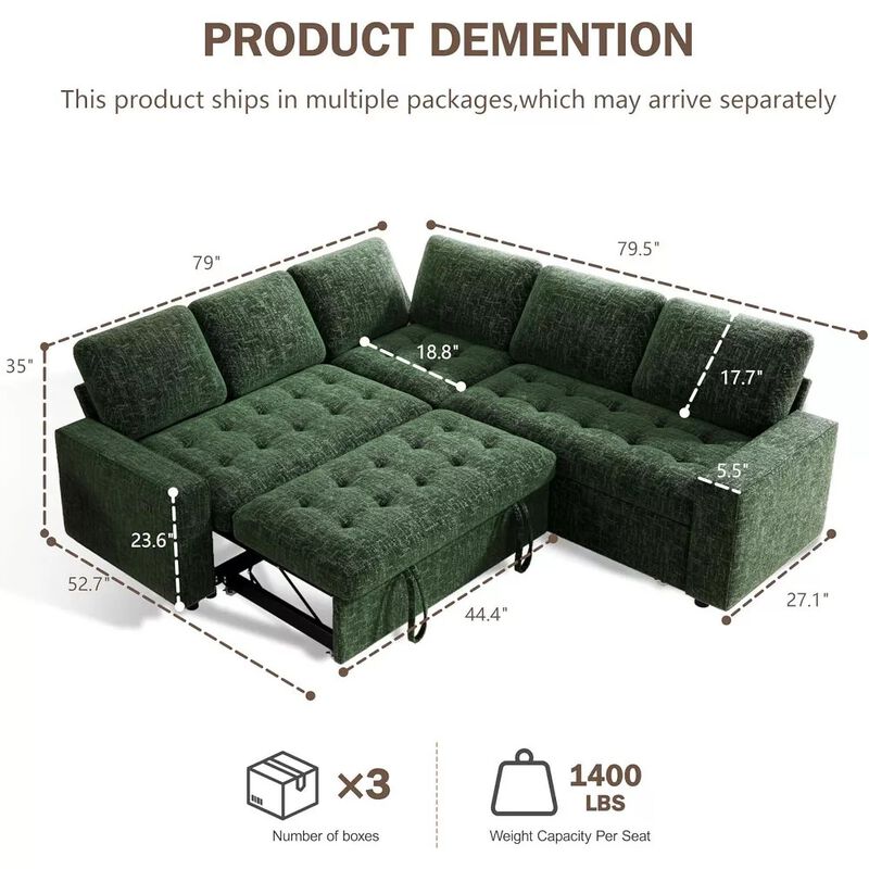 Vipbear 79" 5-Seat L-Shaped Sectional Sleeper Sofa Bed, Chenille Pull-Out Couch with Backrest image number 1