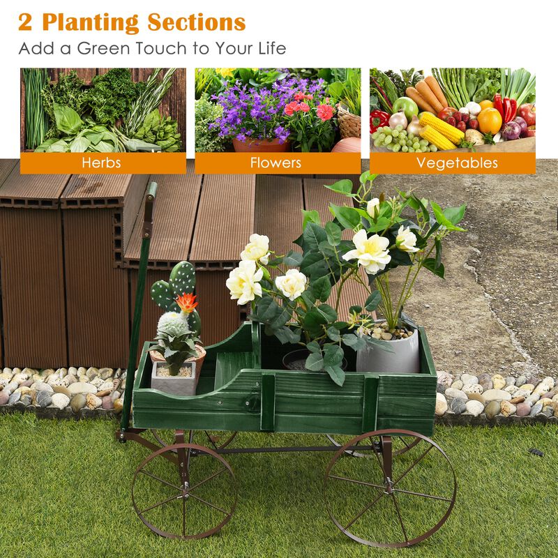 Wooden Wagon Plant Bed With Wheel for Garden Yard