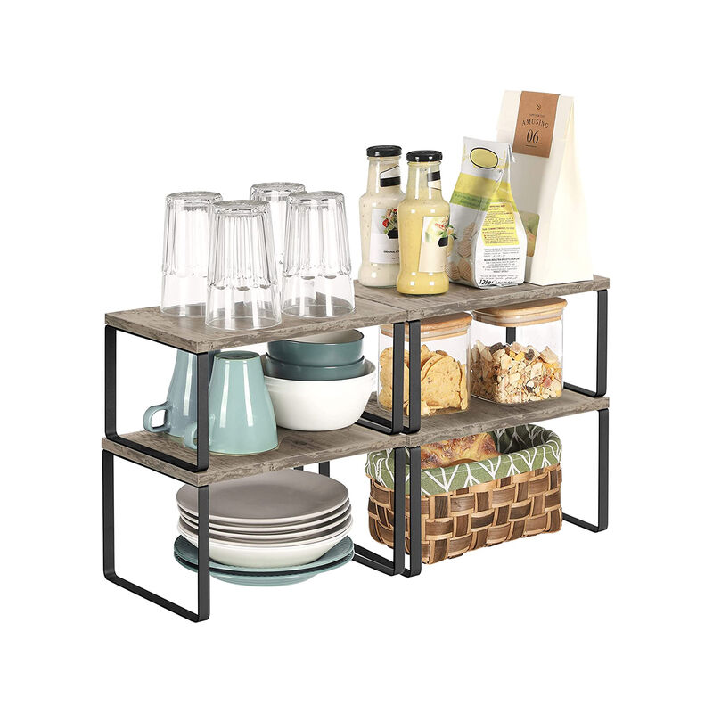 Set of 4 Stackable Cabinet Shelf Organizers - Metal and Particleboard Kitchen Counter Shelves, Expandable