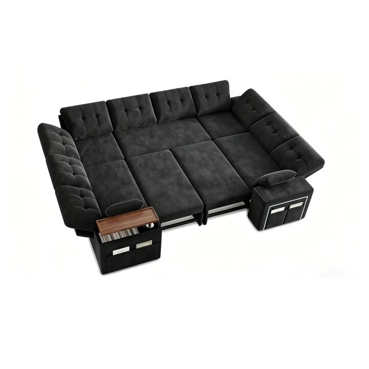 Vipbear 112" U-Shaped 8-Seat Modular Chenille Sectional Sleeper Sofa, Pull Out Bed Reclining Couch