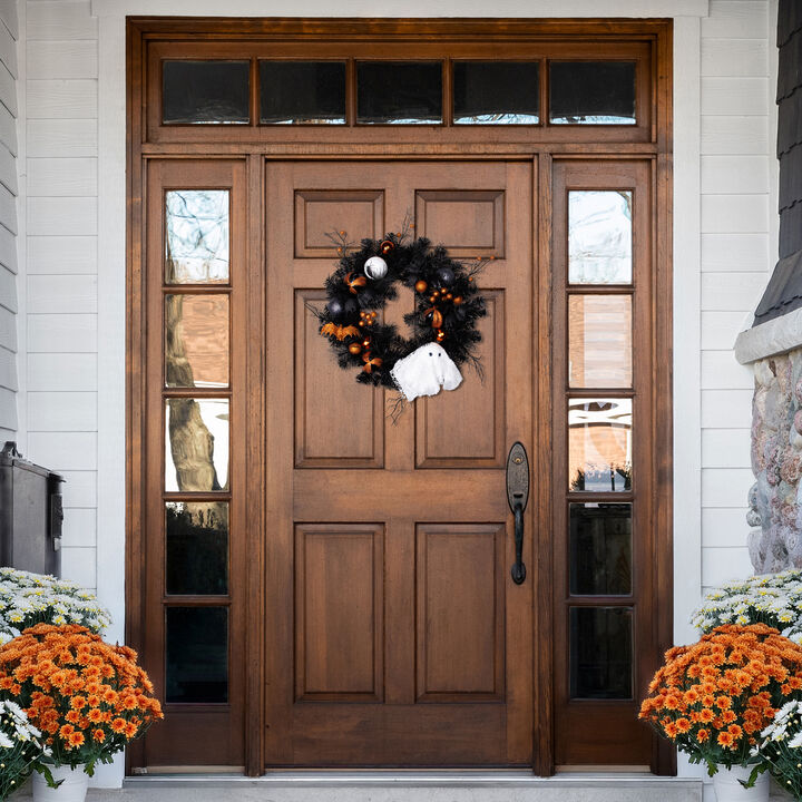 Orange Ornaments and Ghost Halloween Pine Wreath  24-Inch  Unlit