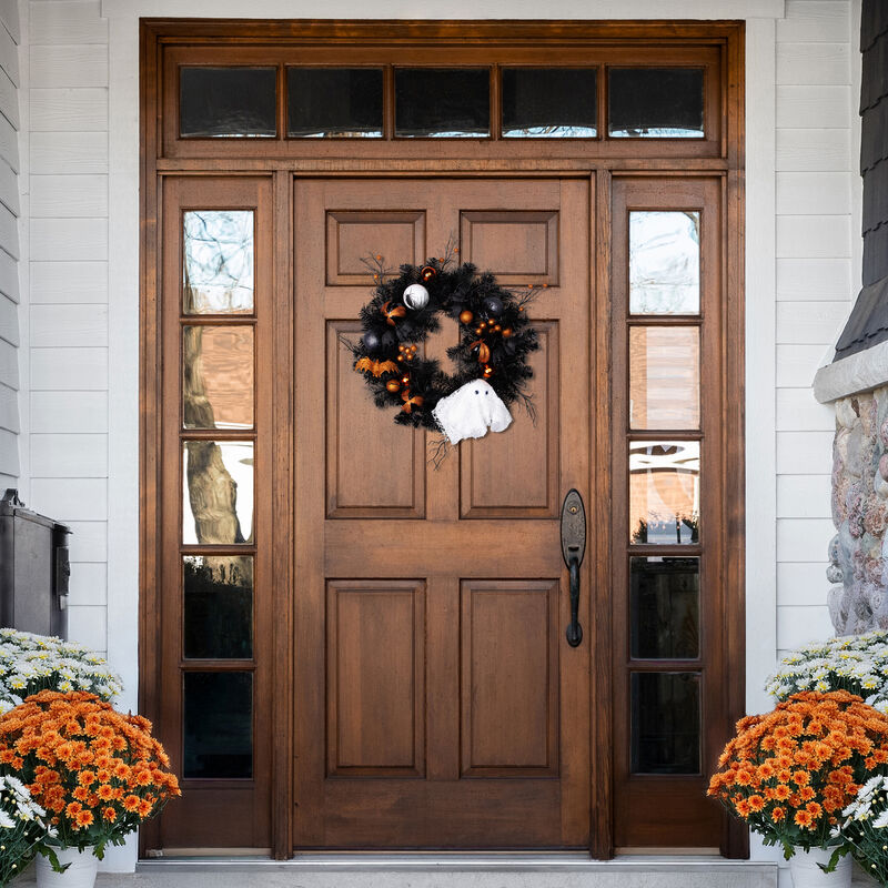 Orange Ornaments and Ghost Halloween Pine Wreath  24-Inch  Unlit image number 1
