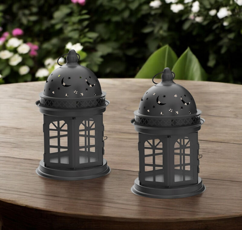HomeRoots Set of Two Black Metal Celestial Tabletop Lantern Candle Holders image number 1