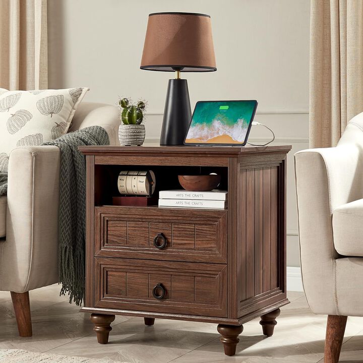 Farmhouse Nightstand Charging Station 22" End Table 2 Drawers Open Shelf