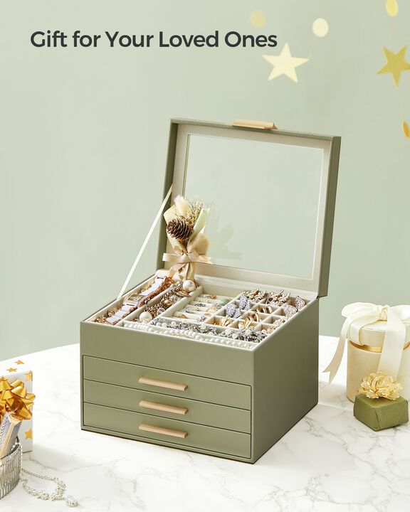 Elegant 4-Layer Jewelry Box with Glass Lid and 3 Drawers - Perfect Gift for Loved Ones