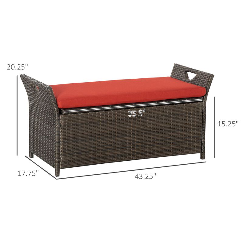 Outsunny 27 Gallon Patio Wicker Storage Bench, Outdoor PE Rattan Patio Furniture, 2-In-1 Large Capacity Rectangle Garden Storage Box with Handles and Cushion, Red