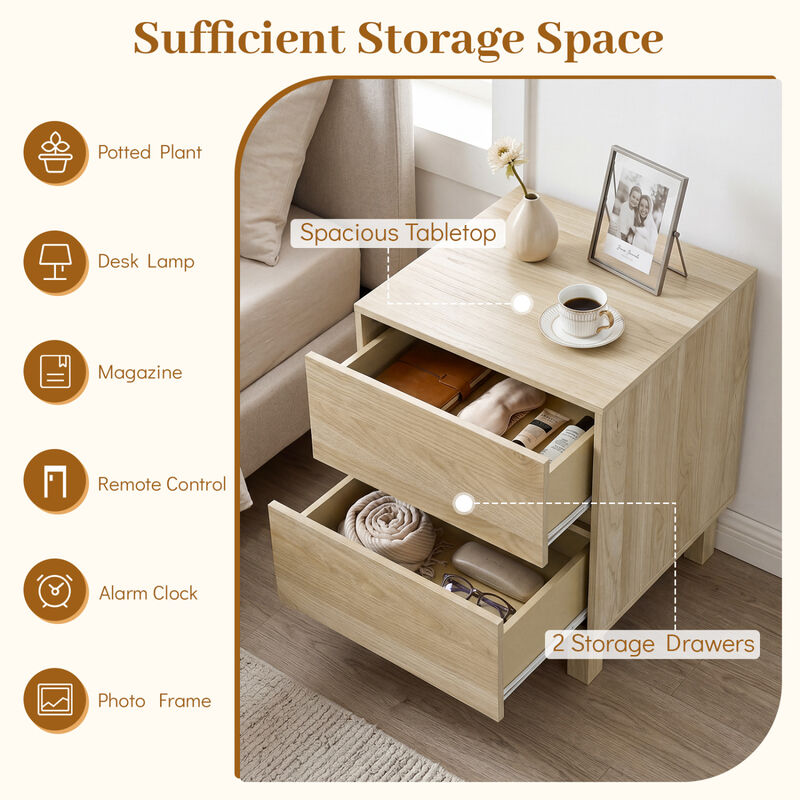 Modern Wooden End Table with 2 Storage Drawers for Bedroom Living Room Use-Natural image number 6
