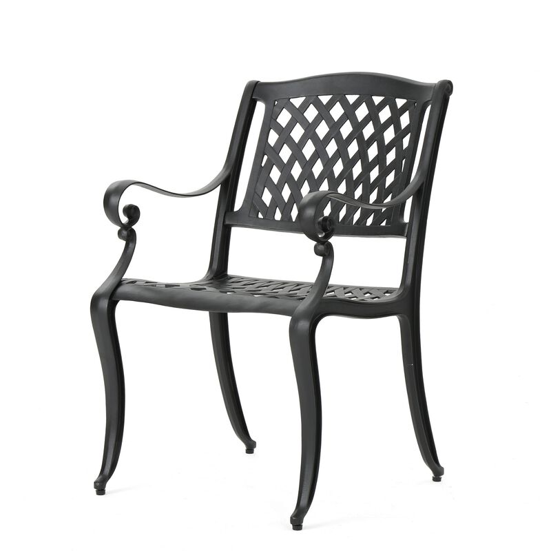 Cay Outdoor Dining Chair Set of 2, Mesh Style Back, Black Cast Aluminium - Benzara