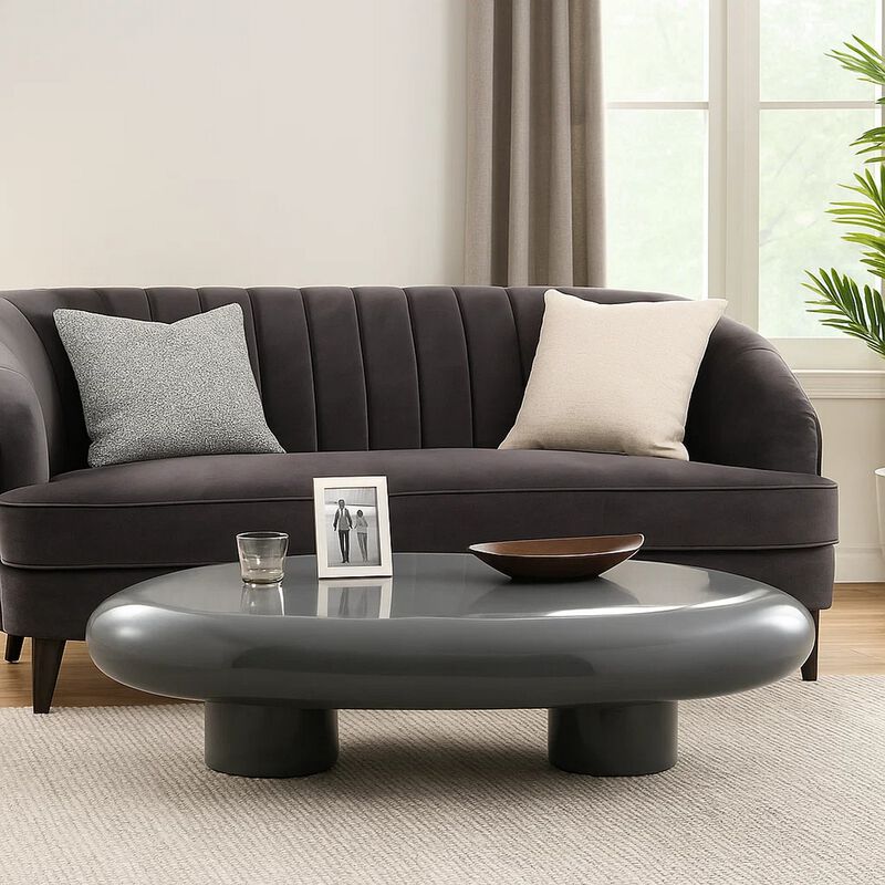 Fory Coffee Table, 46 Inch Oval Top with Low Metal Base, High Gloss Gray image number 1