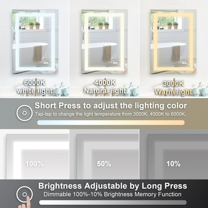 20x28 Inch LED Lighted Bathroom Mirror with 3 Colors Light, Wall Mounted Bathroom Vanity Mirror with Touch Button, Anti-Fog Dimmable Bathroom Mirror (Horizontal/Vertical)