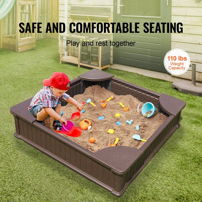 Square Sandbox with Cover &ndash; HDPE Outdoor Sand Pit with Seating for 4 Kids & Bottom Liner, Perfect for Backyard Play Ages 3&ndash;12