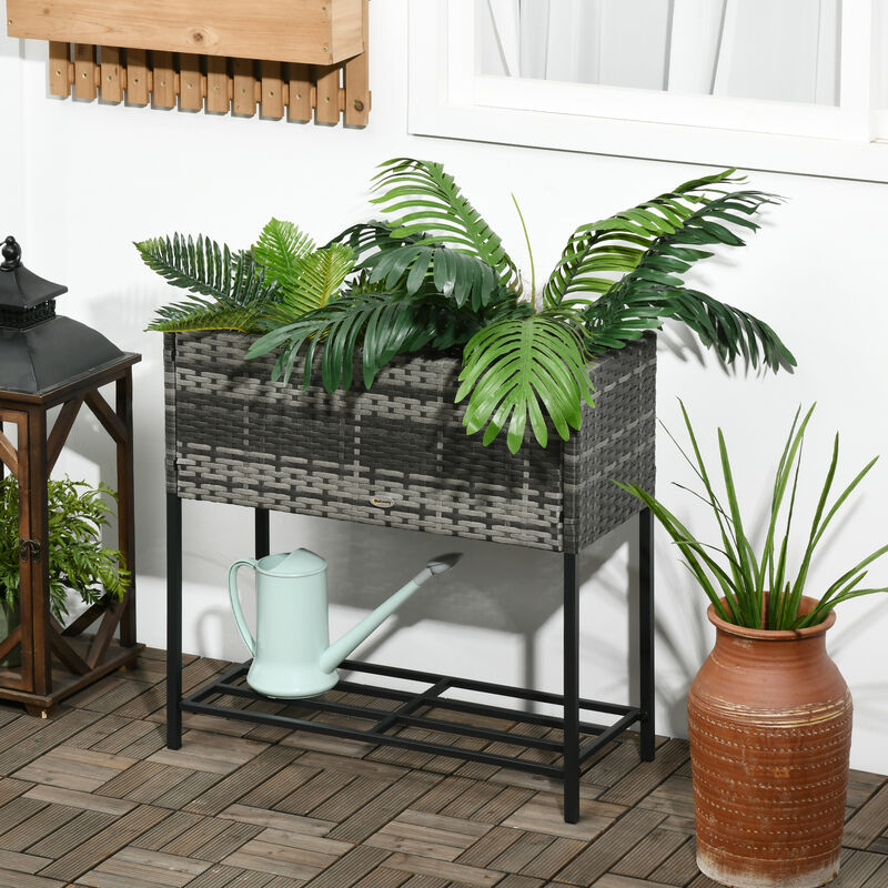 Outsunny Raised Garden Bed, Elevated Planter Box with Rattan Wicker Look, Tool Storage Shelf, Portable Design for Herbs, Vegetables, Flowers, Gray
