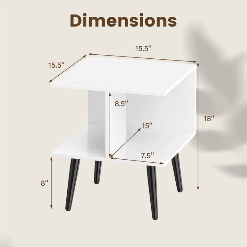 Modern 2-Tier End Table with 2 Storage Compartments and Sturdy Metal Legs-White image number 2