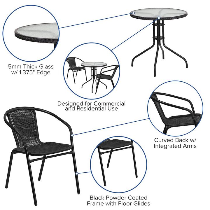 28RD Black Table Set w/Rattan