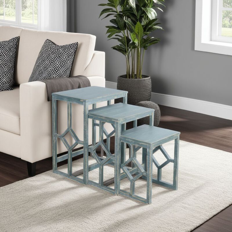 Rena 3 Piece Nesting Accent Table Set, Slatted, Rustic Green Mahogany image number 5