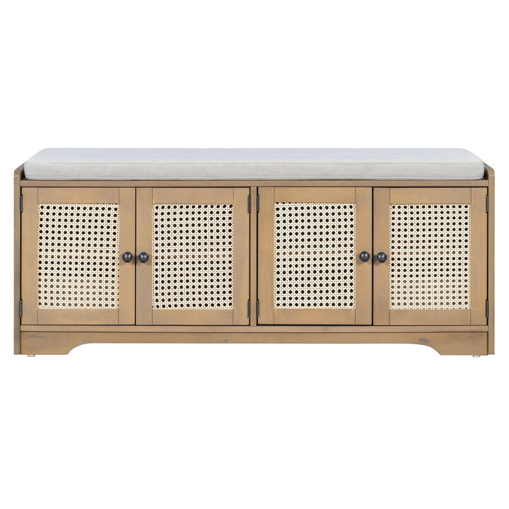 Merax Rustic Storage Bench with Woven Rattan Doors, 2 Adjustable Shelves