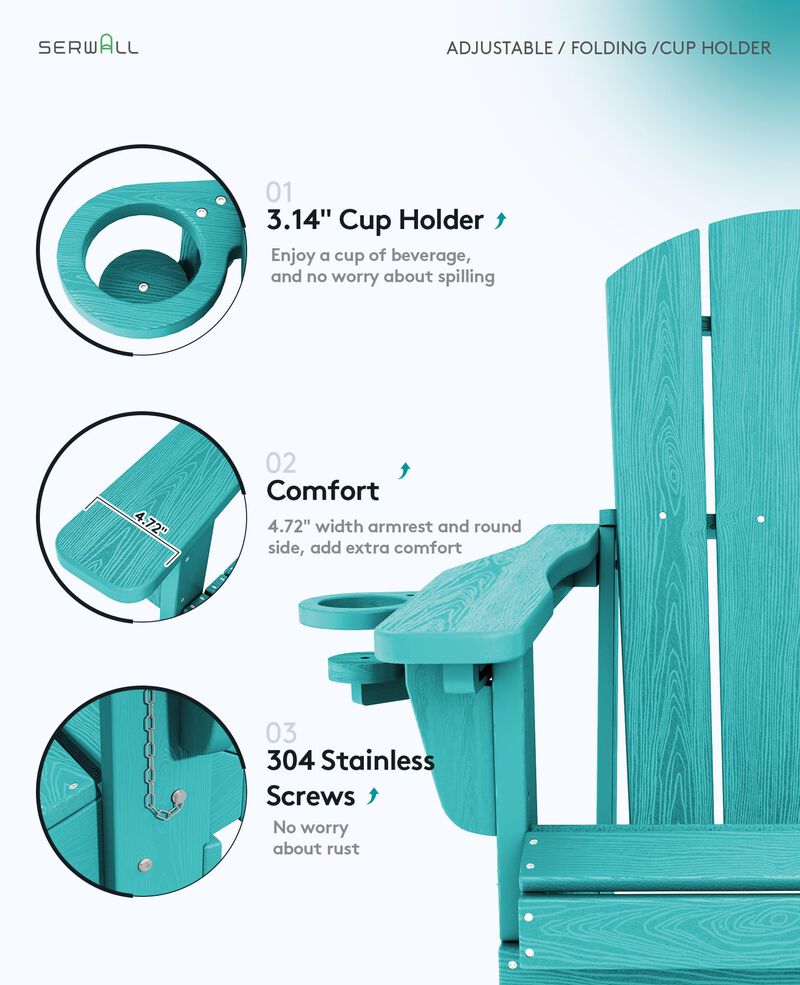 SERWALL Adjustable Folding Adirondack Chair, Reclining Adirondack Chair with Cup Holder, Aruba
