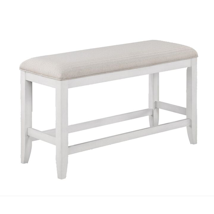 Kith 42 Inch Counter Height Dining Bench, Seat Cushion, Beige Fabric, White-Benzara