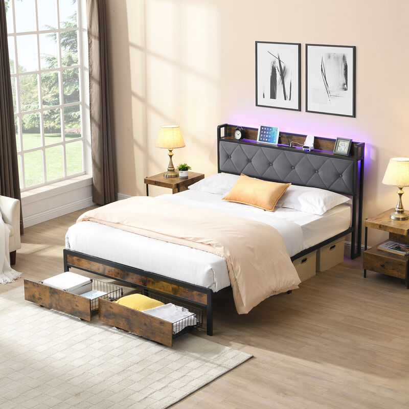 Merax  Metal Bed Frame with LED Lights, Storage & Charging Station image number 3