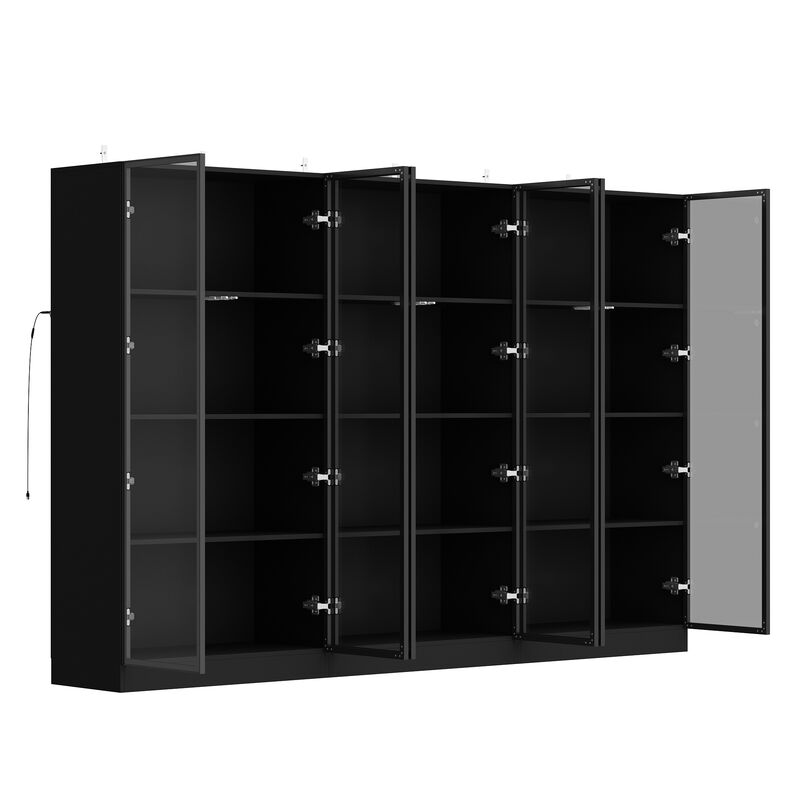 FUFU&GAGA Wood Storage Cabinet Display Cabinet with Tempered Glass Doors, 3-Color LED Lights, and Aluminum Framed, (94.5" L x 15.7" W x 63" H), Black