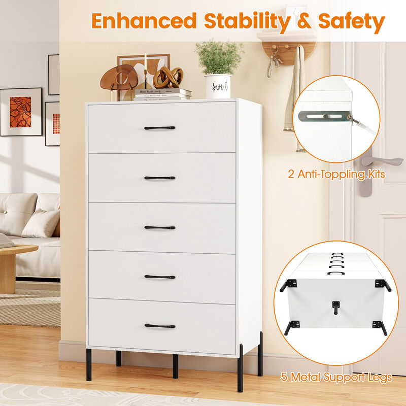 Modern Tall 5-Drawer Storage Chest with Metal Legs - White image number 5
