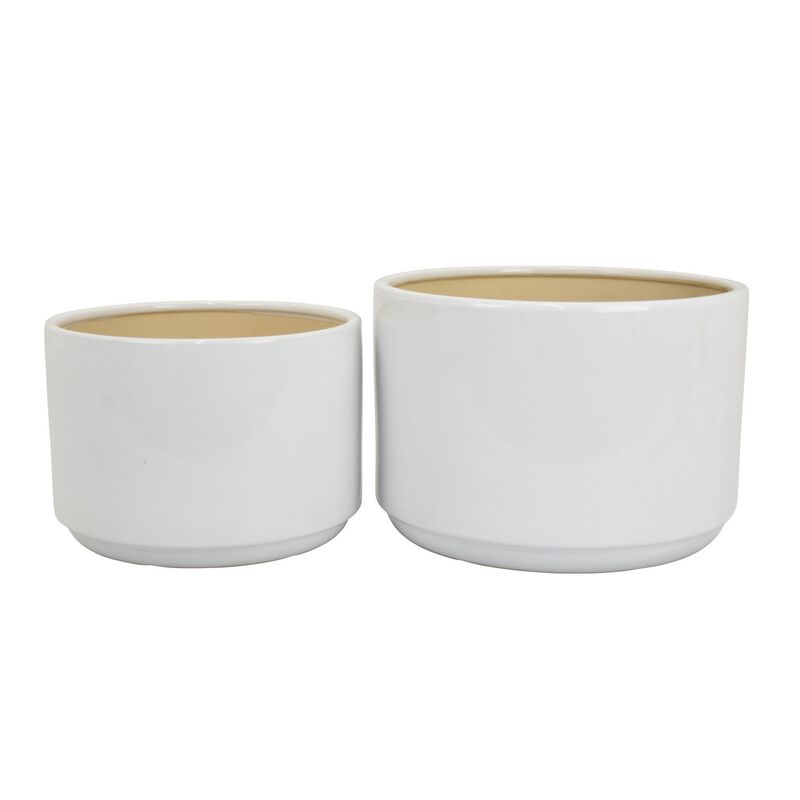 Accent Planter Set of 2, Wide Base, Modern Minimalist White Ceramic - Benzara