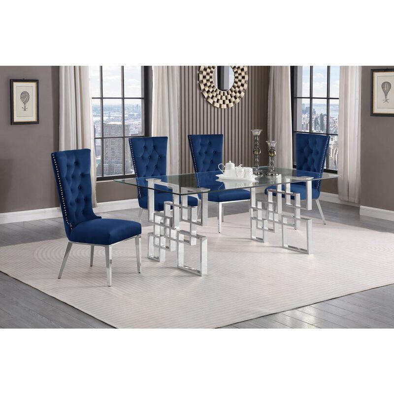 5-piece glam dining set with 4 navy blue chairs and a 79" long glass  table