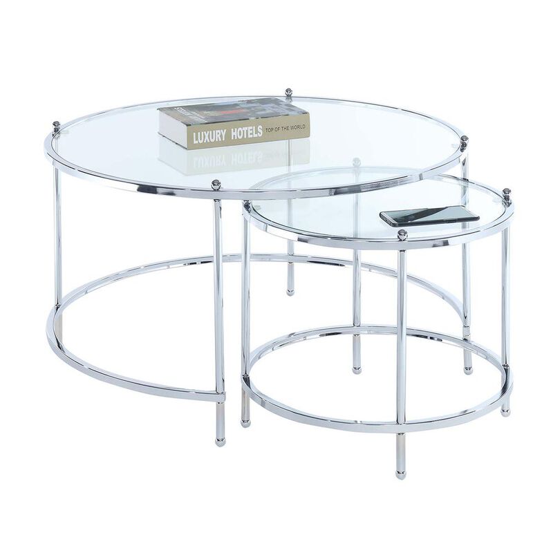 Convenience Concepts Royal Crest Nesting Round Glass Coffee Tables, Clear Glass/Chrome Frame