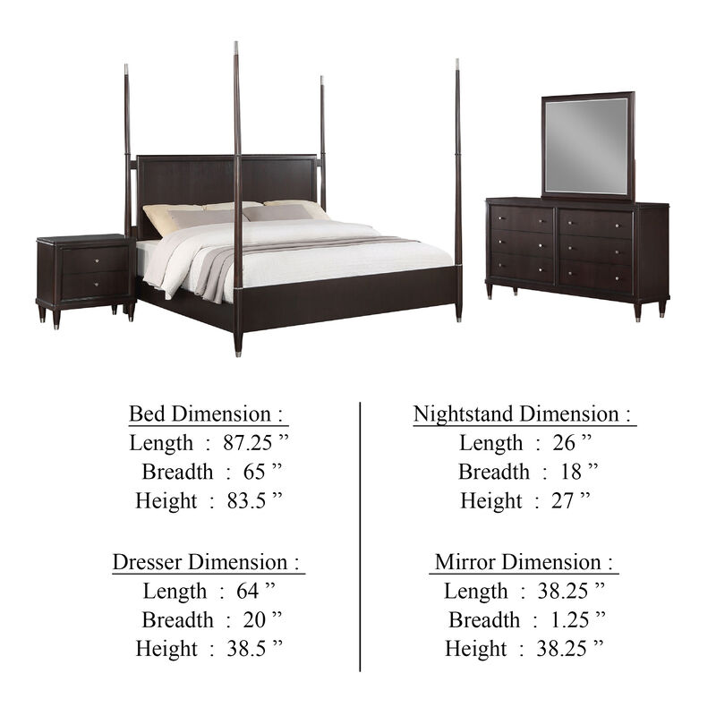 Amber 4pc Poster Queen Bed Set, Modern Dark Brown Wood, Dresser Mirror