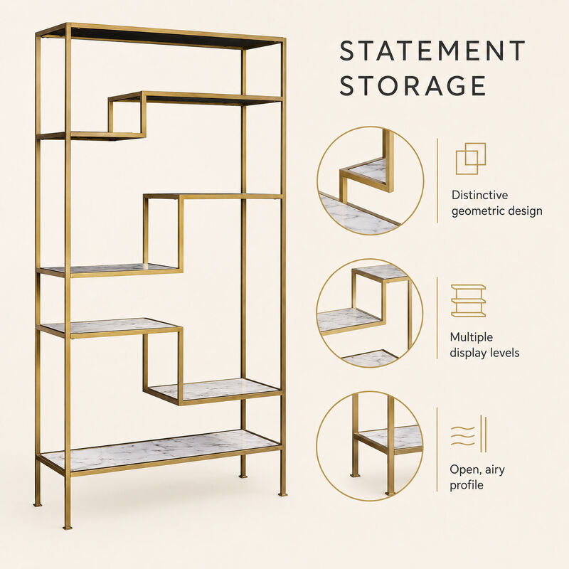 Teamson 5-Tier Display Shelf, Faux Marble Shelves, Brass Metal Frame, 40 x 13.5 x 72in, Open Storage Bookcase, Anti-Tip Hardware, Modern Marmo Collection image number 2