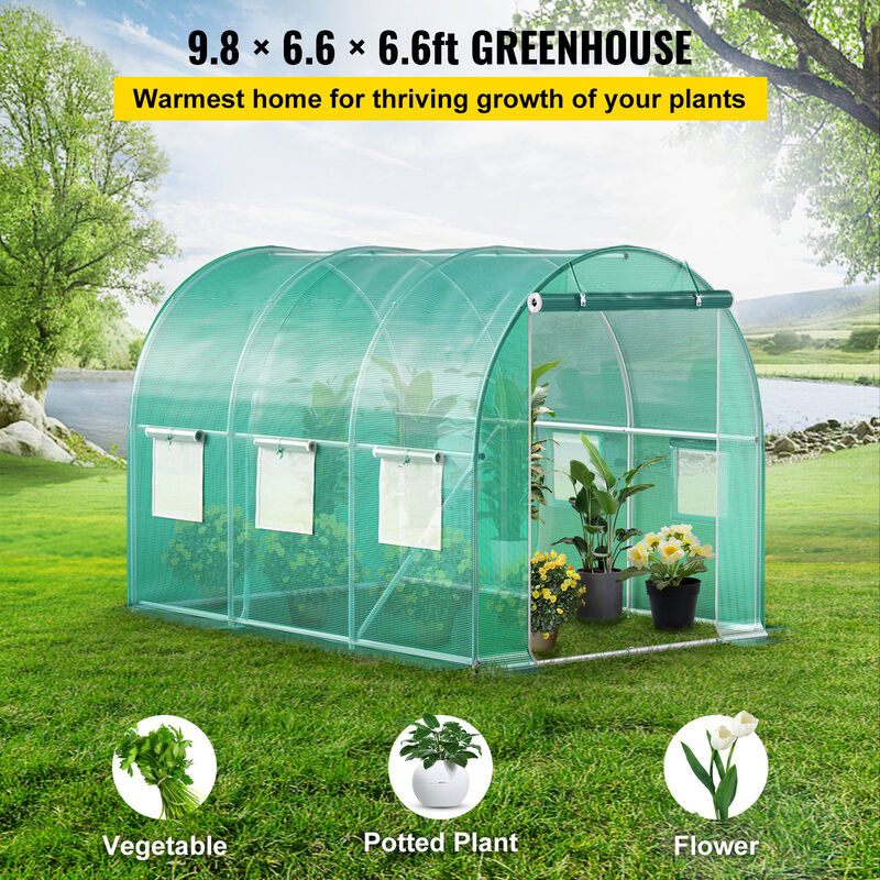 Portable Walk-In Tunnel Greenhouse with Steel Frame, Zippered Door & 6 Windows