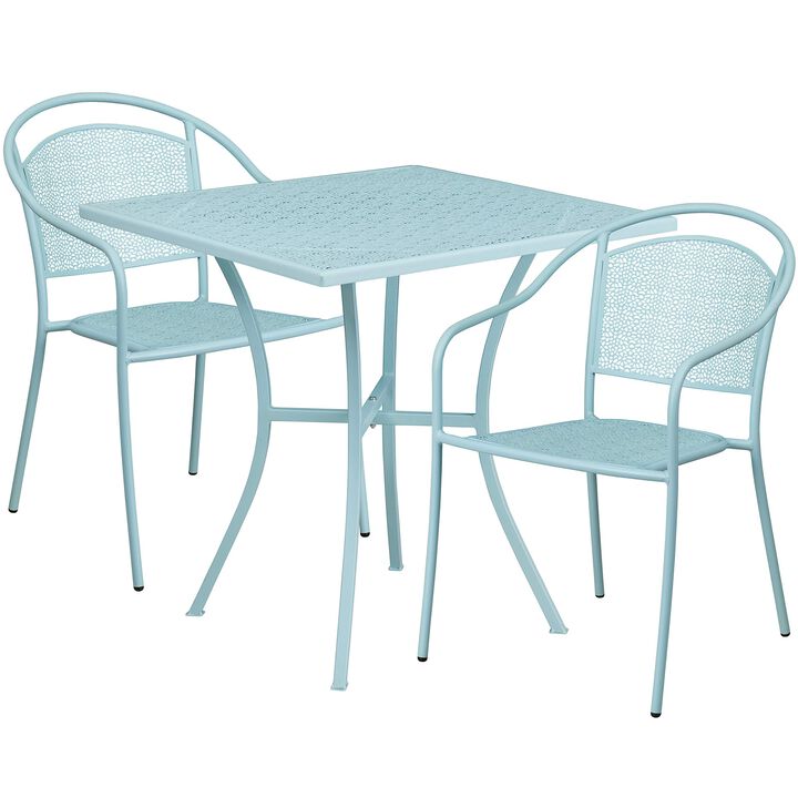 Flash Furniture Commercial Grade 28" Square Sky Blue Indoor-Outdoor Steel Patio Table Set with 2 Round Back Chairs