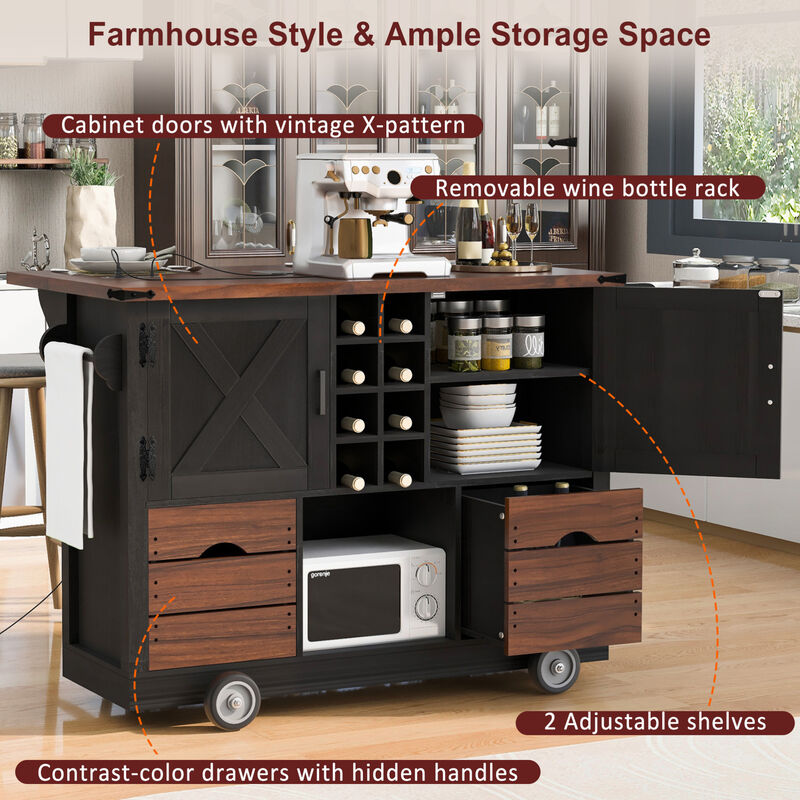 ELEMENT ACE Farmhouse Kitchen Island Cart with Foldable Leaf, Built-In Power Outlet, Ample Storage Drawers and Cabinets image number 3